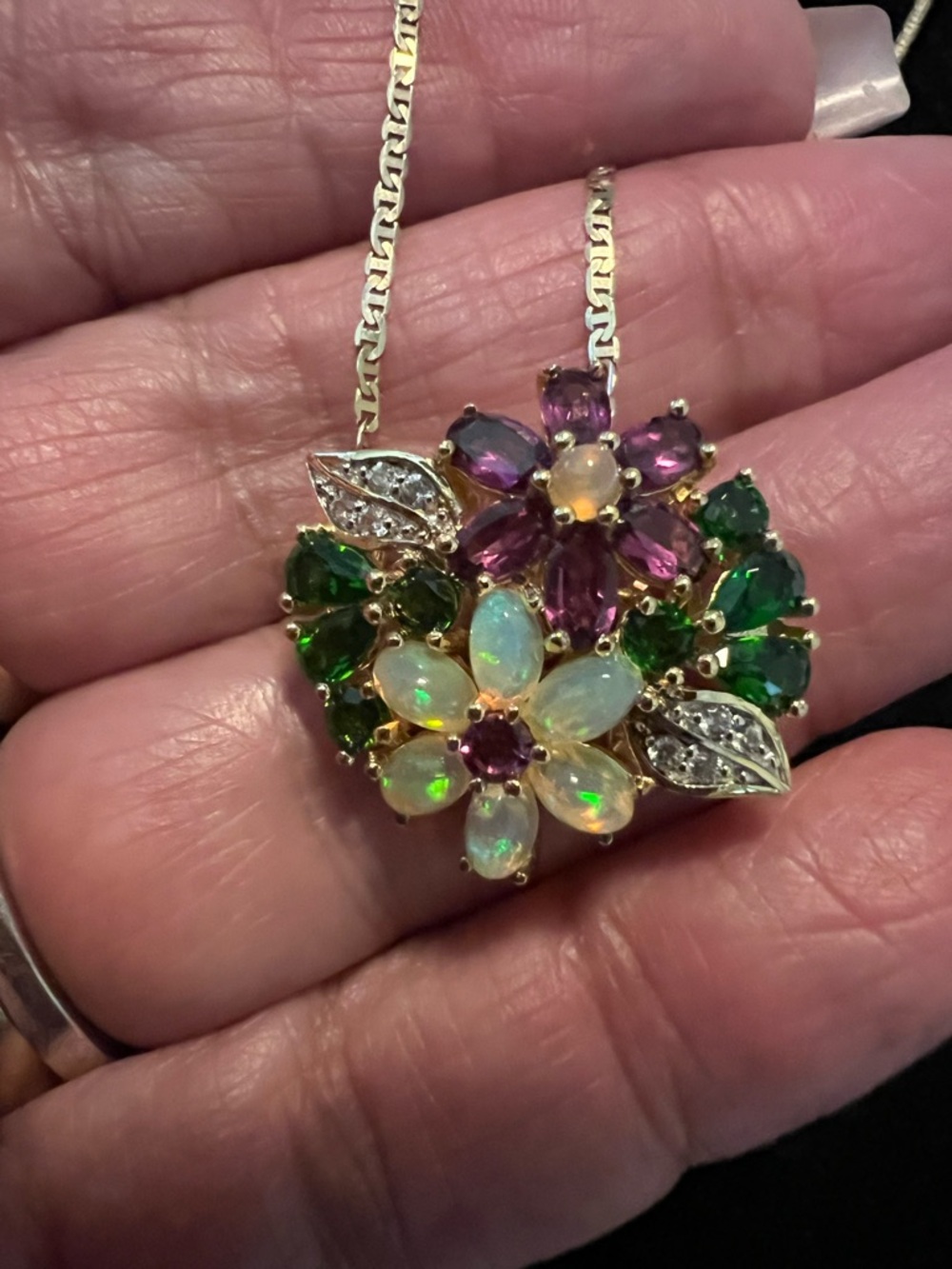 Ethiopian Opal, Rhodolite Garnet & Chrome Diopside, Topaz Floral 10K RL Necklace